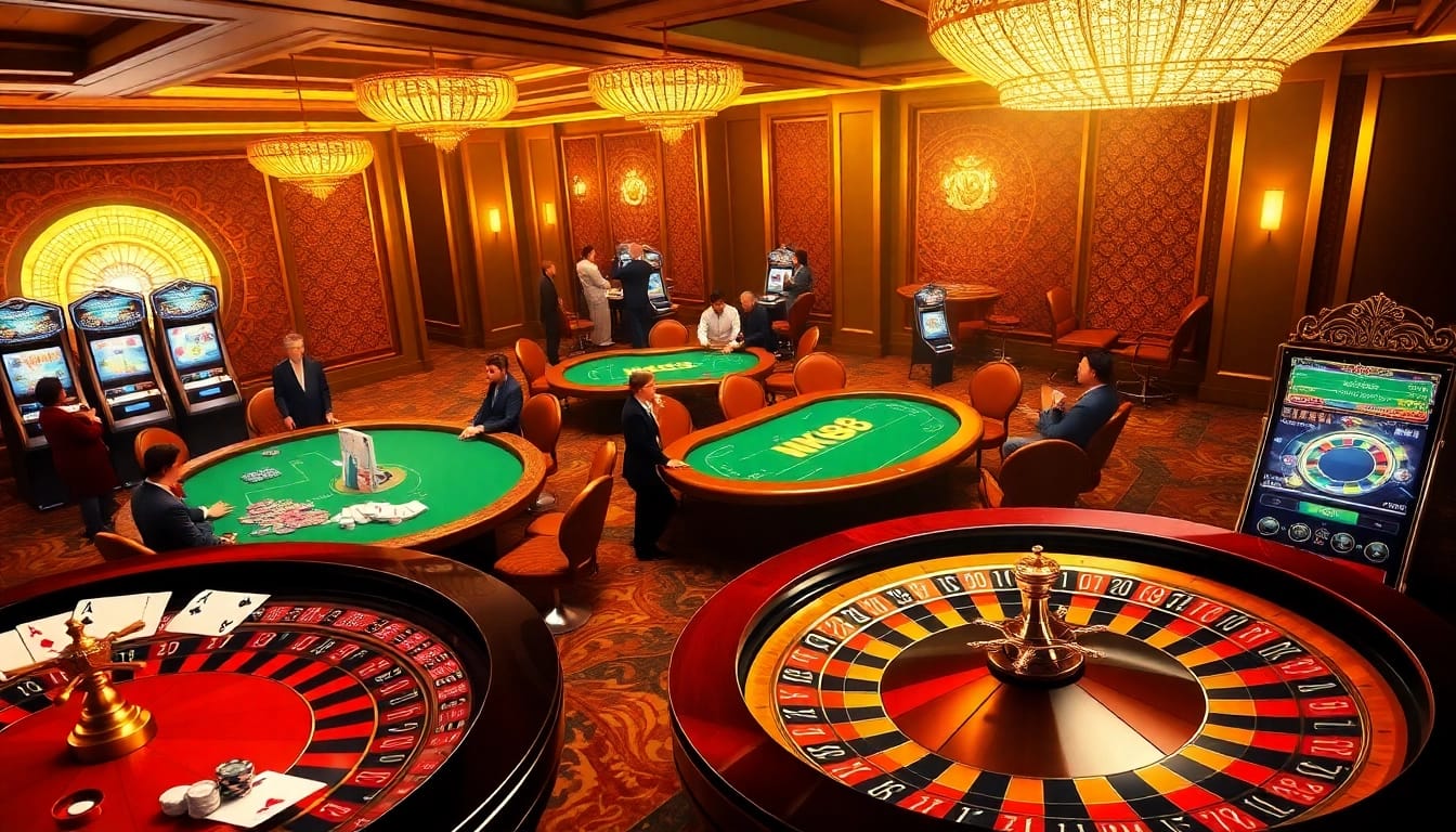 Experience the thrill of NK88 at an upscale casino with vibrant gaming tables and roulette wheels.