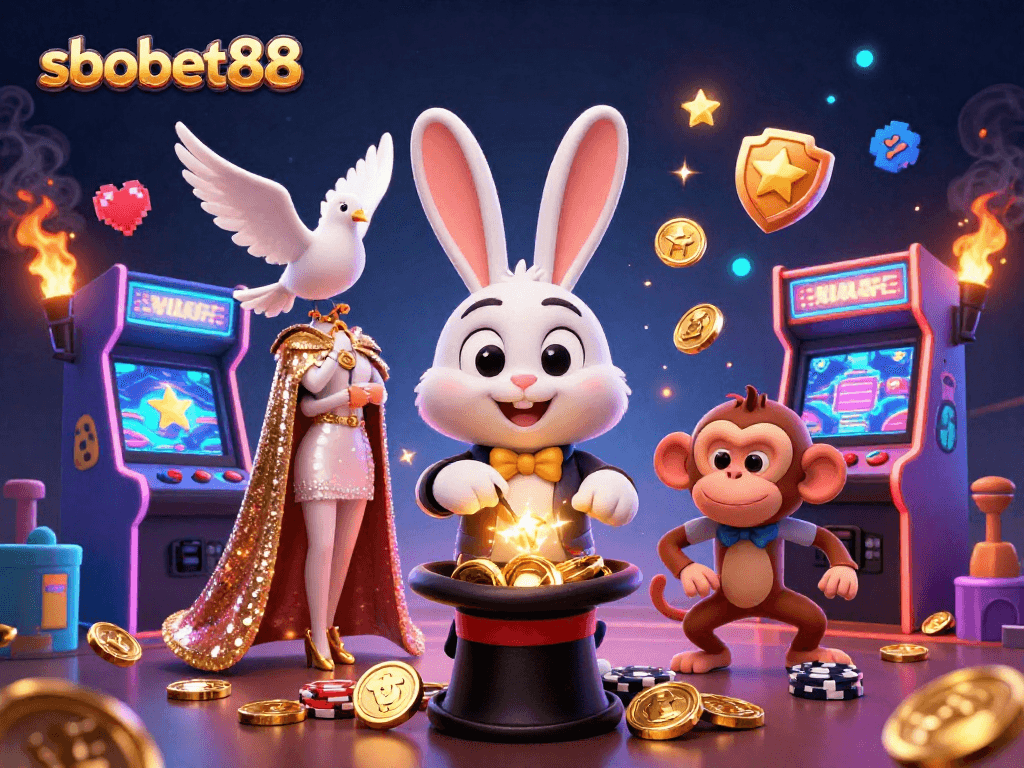 SBOBET88 showcases thrilling casino fantasy with a magician rabbit, assistant dove, and monkey, celebrating wins.