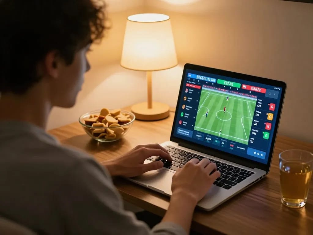 Mengikuti Skor Langsung selama sesi taruhan olahraga di rumah yang mendebarkan dengan fokus pada laptop.