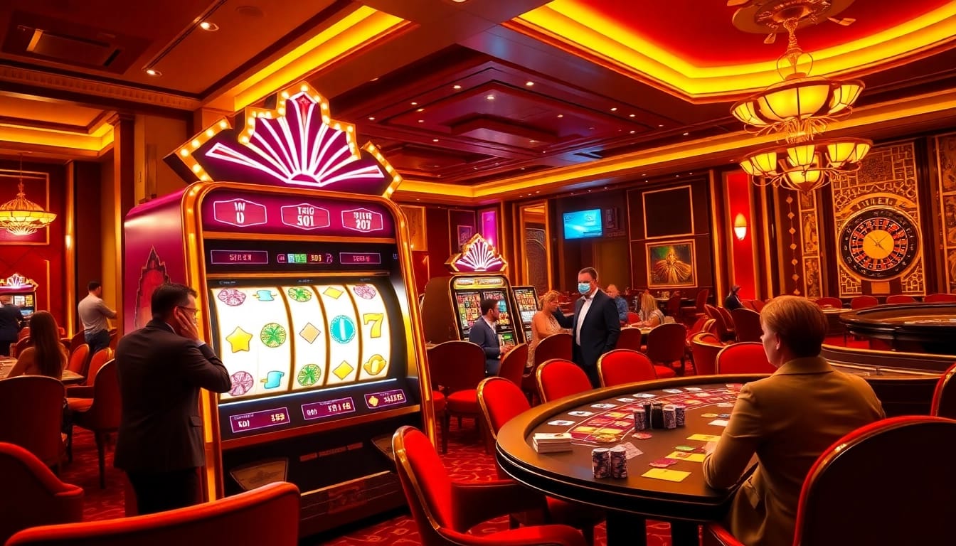 Engaging players explore slot gacor games at a luxurious casino with vibrant slot machines and betting excitement.