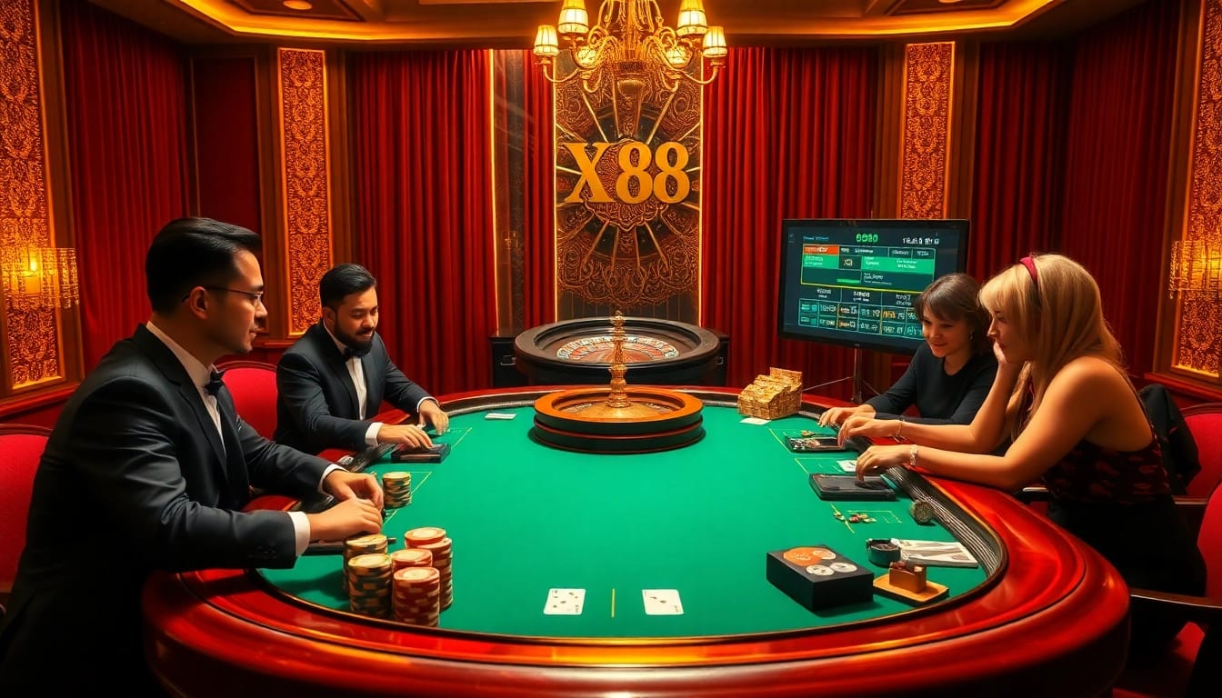 XX88 poker table scene with players and professional dealers showcasing excitement in a luxurious casino setting.