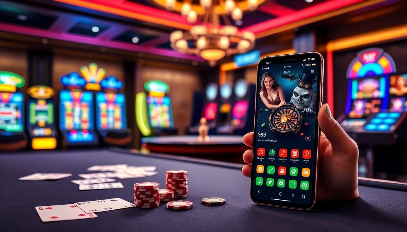 Engaging gamblers with the S8 app on a smartphone in a vibrant casino setting.