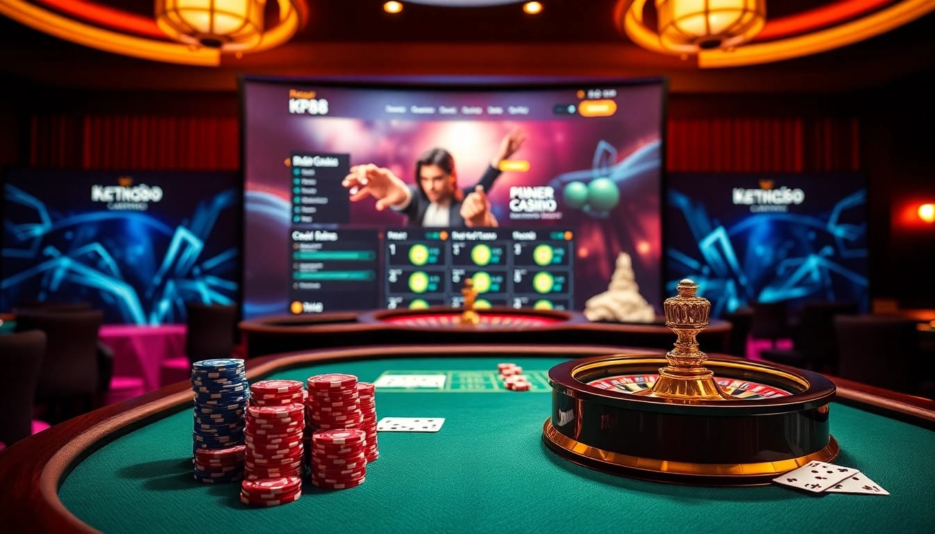 Engage in thrilling KP88 casino action with vibrant poker chips and illuminated roulette.