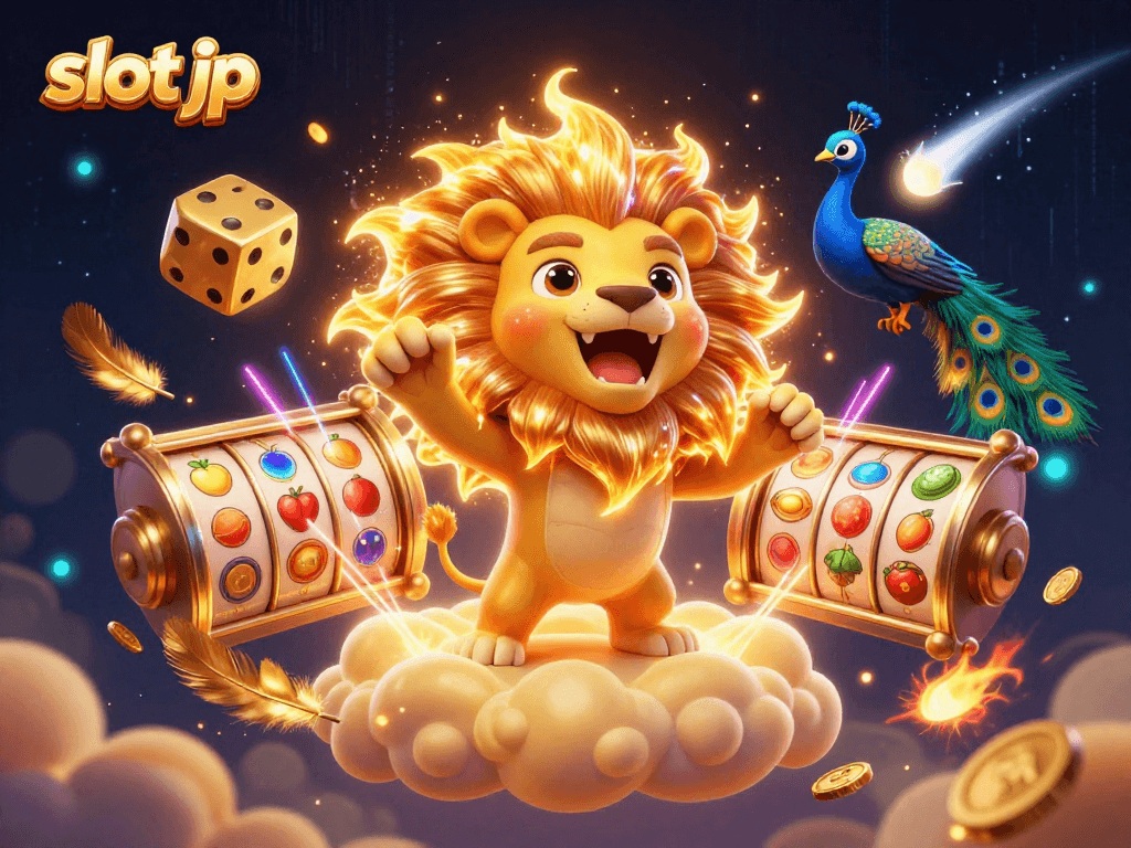 Experience the thrill of slot jp with vibrant spinning reels and golden dice amidst a captivating celestial backdrop.