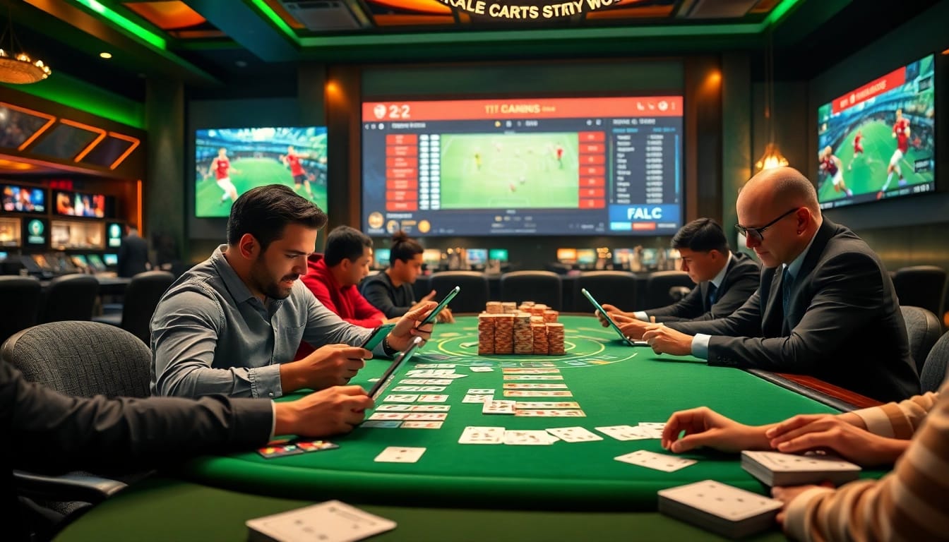 เทคนิคแทงบอล strategies in a luxurious casino setting with players analyzing odds.