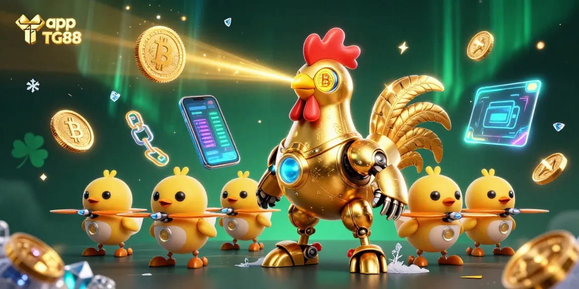 Engage with the app TG88, featuring a golden rooster robot shooting lasers in a vibrant casino scene.