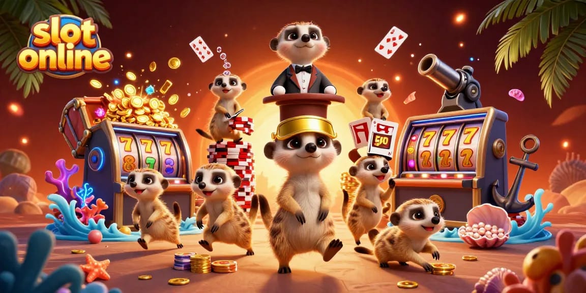 Play slot online in a vibrant 3D meerkat casino with dynamic game elements and rich detail.