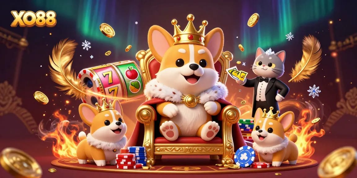 XO88 engages players with a lively slot scene featuring a royal corgi and golden card displays.