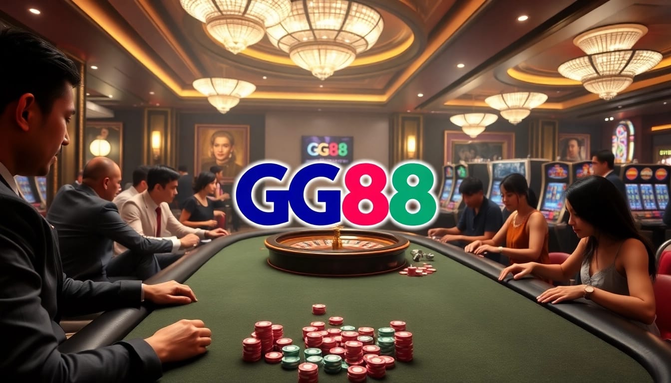 Play exciting games at GG88 Casino, featuring poker tables and vibrant chip colors.