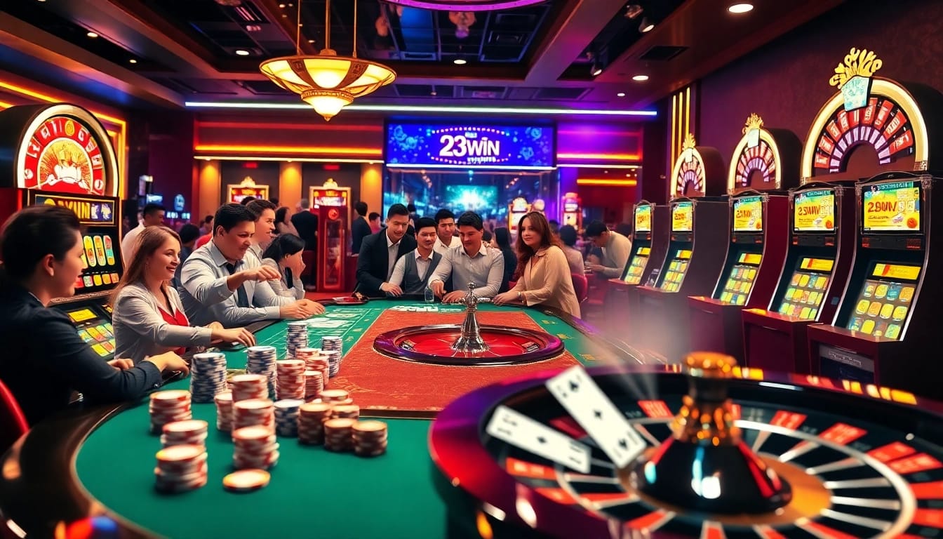 Engaging players enjoying their time at 23WIN's online casino with vibrant tables and gaming elements.
