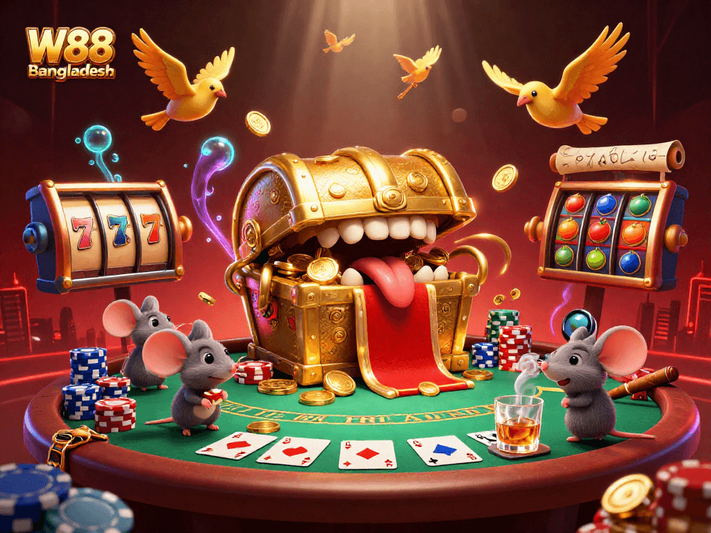 Chơi game hấp dẫn tại W88 Bangladesh với hình ảnh những chiếc rương vàng và bàn poker, tràn đầy màu sắc.