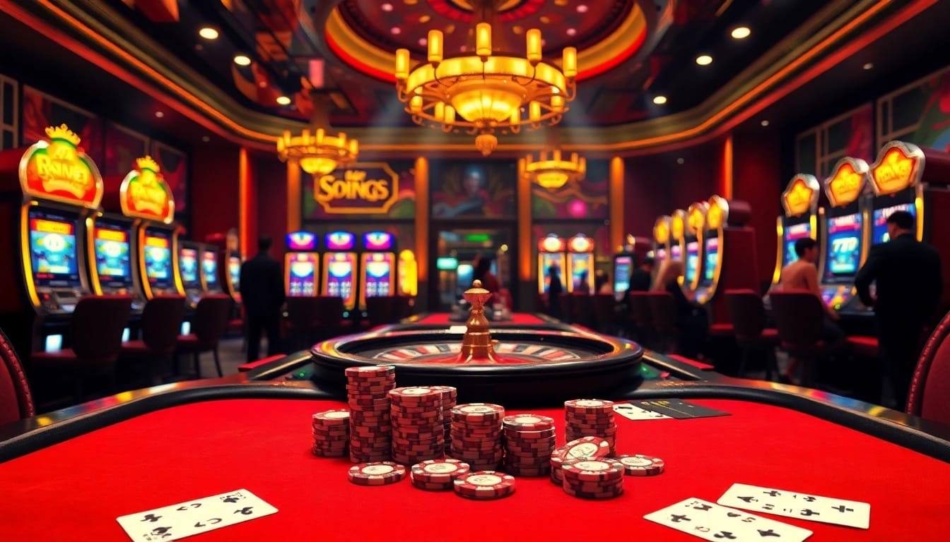 Experience the thrill of gambling at https://kk55.blue/, featuring luxurious casino tables, chips, and a roulette wheel.