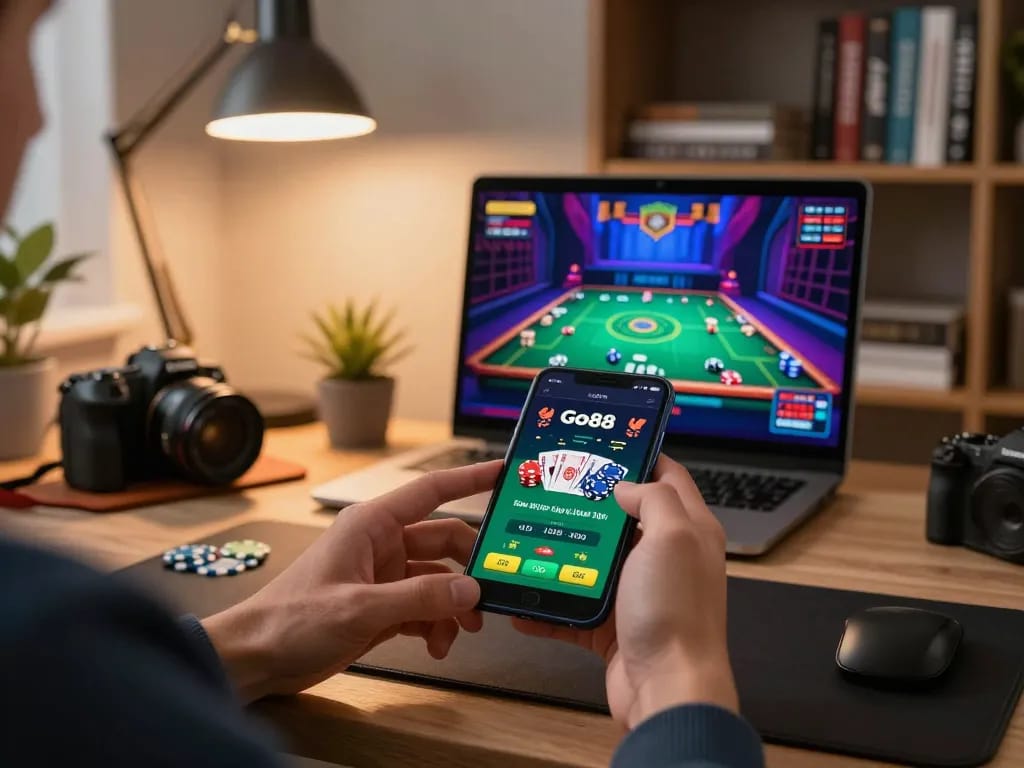 Engaged player using Go88 app for live dealer games, featuring immersive home gaming setup.