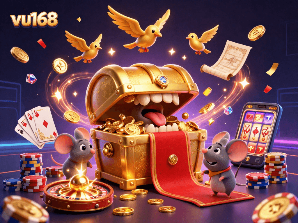 Engage in thrilling gameplay with vu168’s vibrant casino illustration packed with treasures and gaming action.