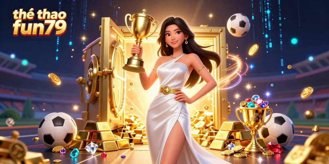 Experience thrilling moments in thể thao fun79 with a triumphant Asian woman holding a trophy in a dynamic sports betting scene.