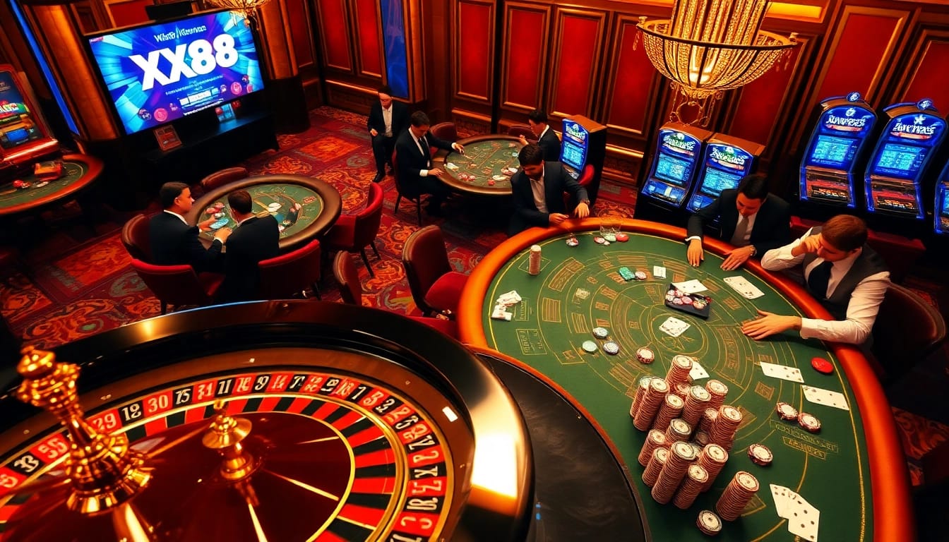 Players strategizing in an upscale casino setting with XX88 themed roulette and poker action.