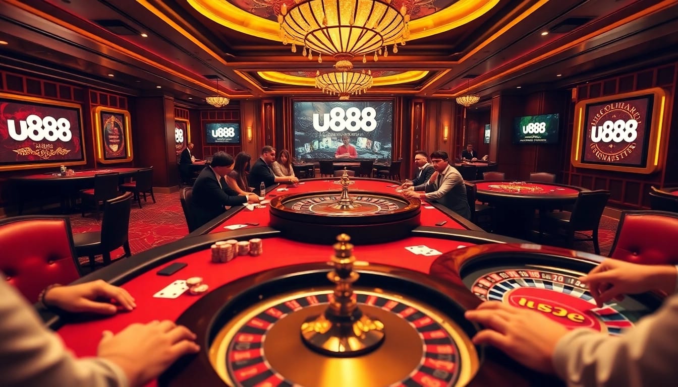 Engaging casino action with u888 branding amidst players at poker tables and roulette.