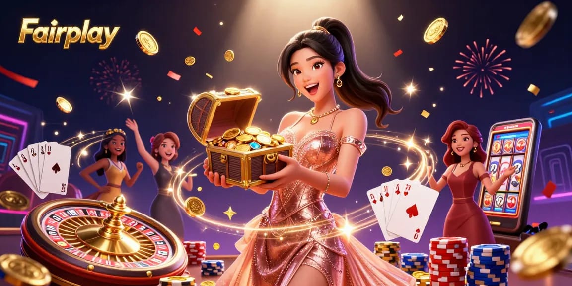 Win big at Fairplay with an exciting 3D casino scene featuring treasures and gaming elements.