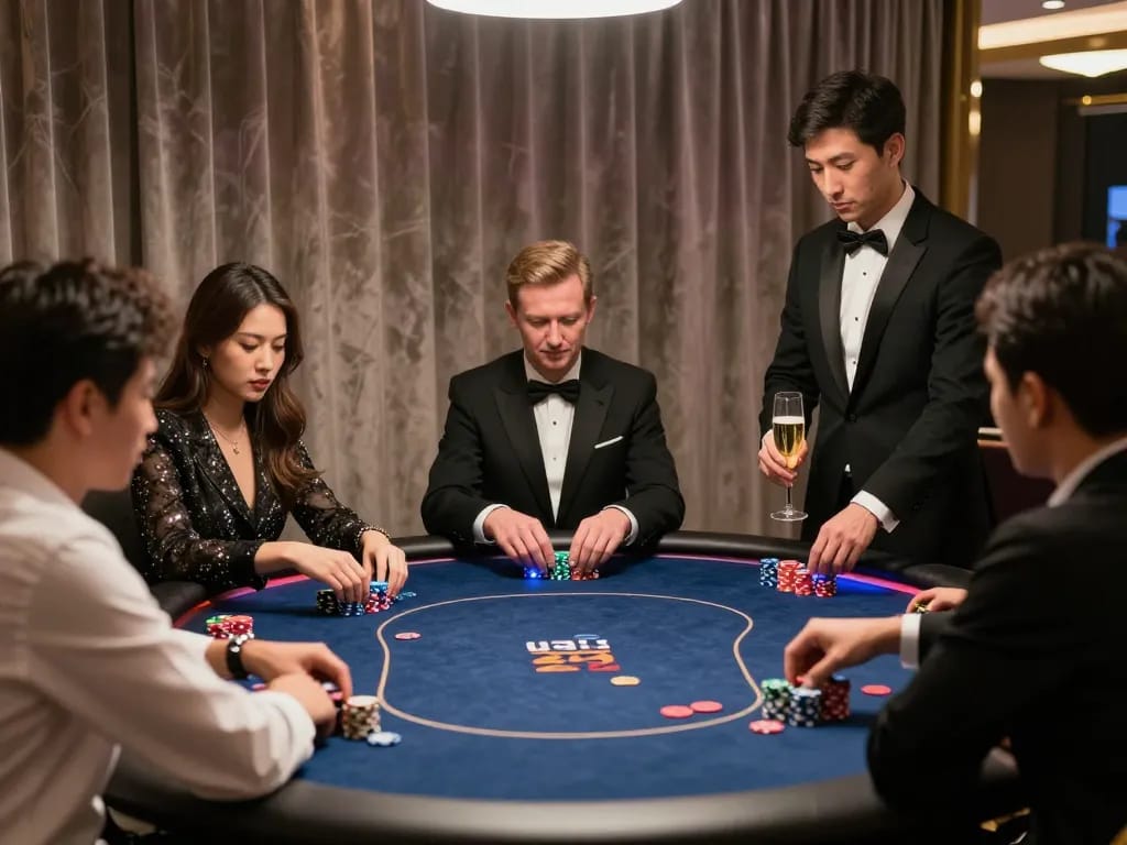 High-stakes poker gameplay at a luxurious w188 vip gaming area with exclusive decor and engaged players