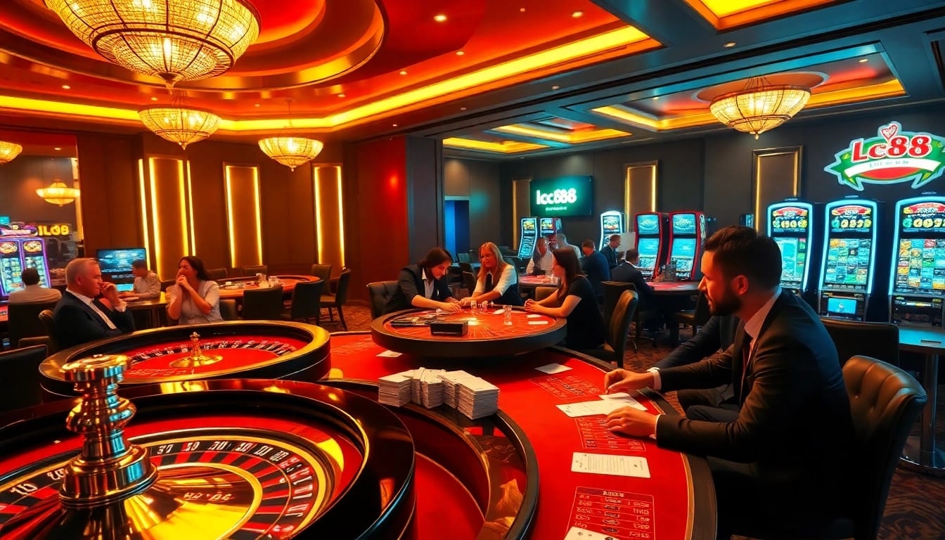 Exciting casino atmosphere featuring lc88 branded tables and slot machines.