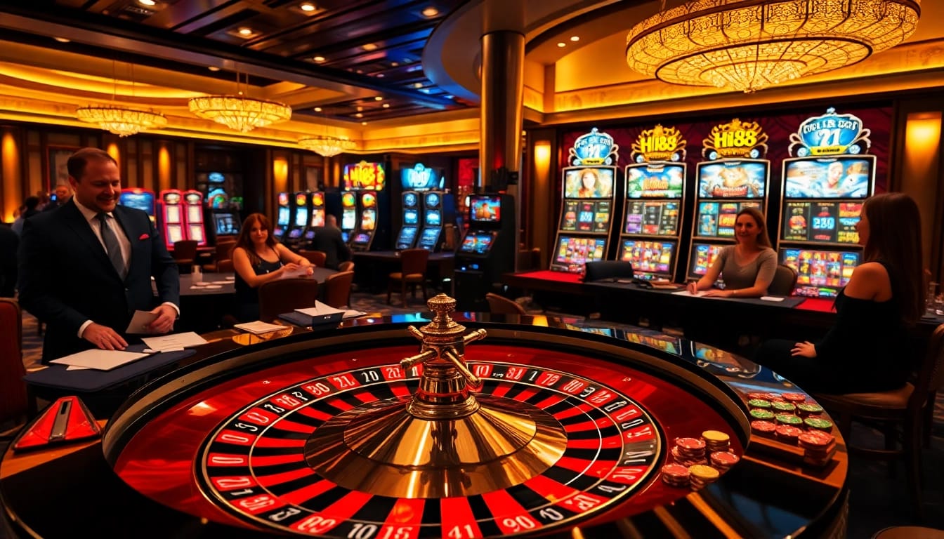 Players enjoying their experience at Hi88's luxurious casino, with roulette and poker action.