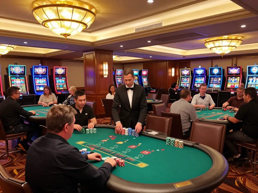 Exciting scene of players at Nhà Cái FB88 enjoying blackjack in a luxurious casino setting