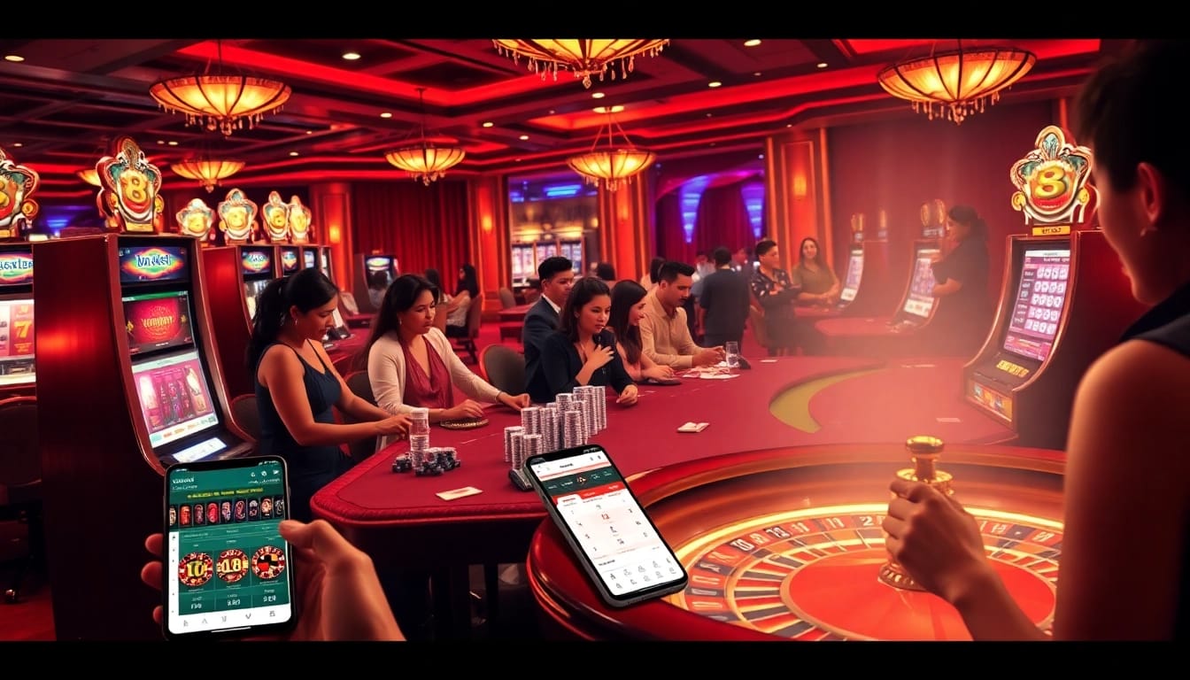 Intense gameplay at 8xbet with vibrant casino elements and players enjoying their experience.