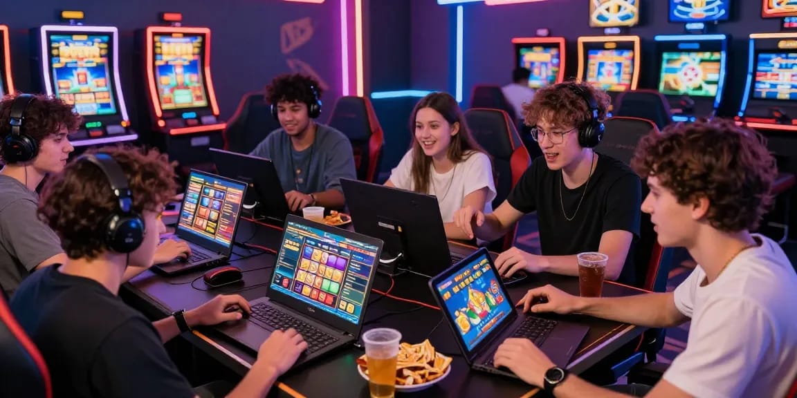 Permainan slot online tangan emas dengan pemain bersemangat dan suasana neon yang hidup.