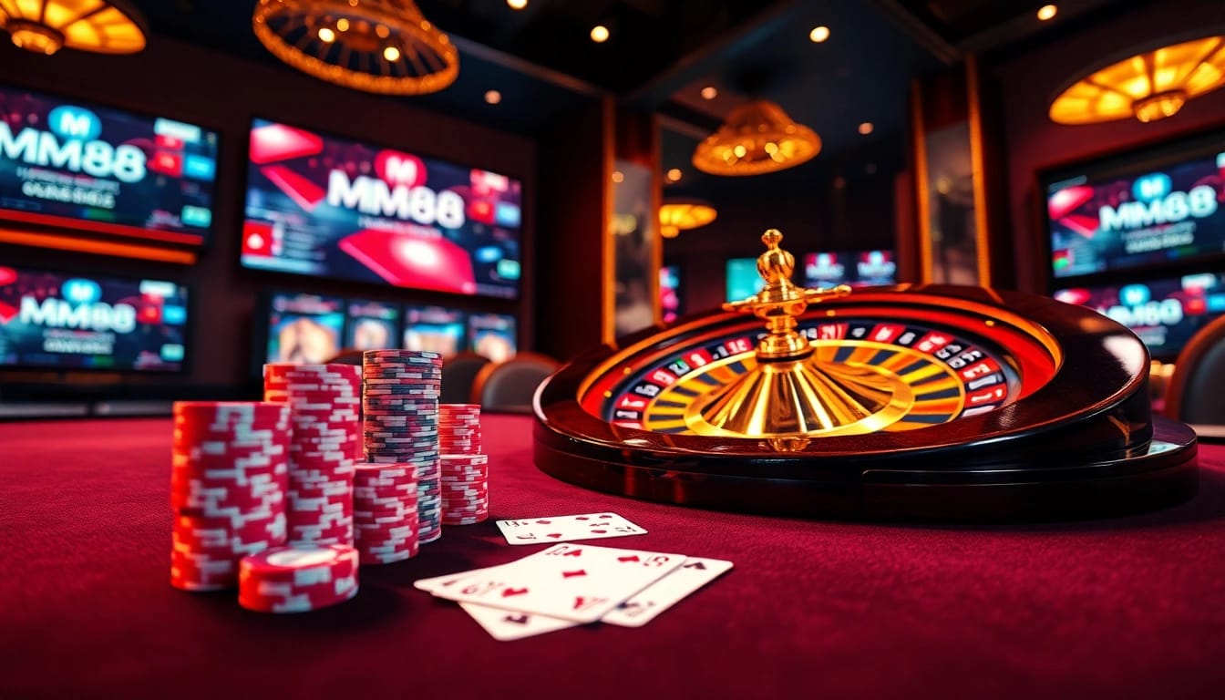 MM88 players enjoying a luxurious poker game at an online casino table with vibrant chips and cards.