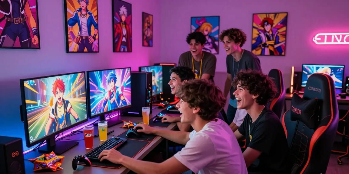 Friends playing a gay hentai game in a vibrant gaming room filled with colorful decor.
