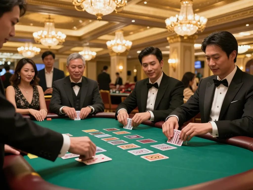 Players enjoying blackjack at 789 club casino under warm ambient lighting, showcasing exciting gameplay and luxury.