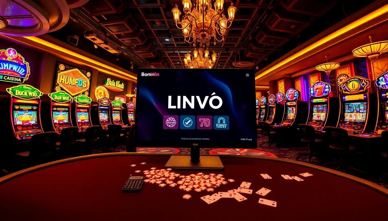 Experience LINK VÀO Bomwin with an engaging online gambling atmosphere featuring vibrant tables and bright slots.