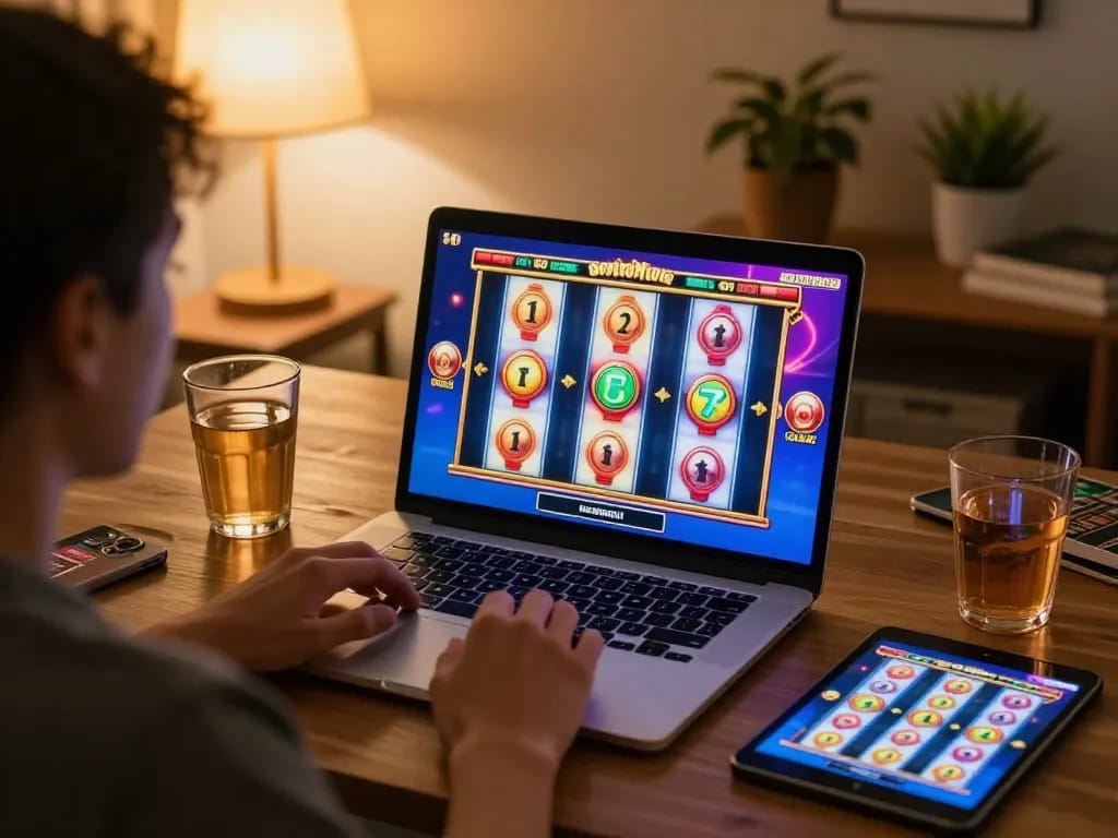 vin88 online casino experience with engaging slot games on a laptop in a cozy home environment