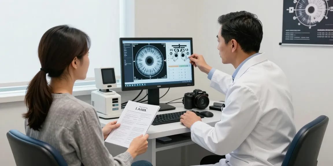 Patient consultation with an ophthalmologist discussing Atlanta LASIK options in a modern clinic.