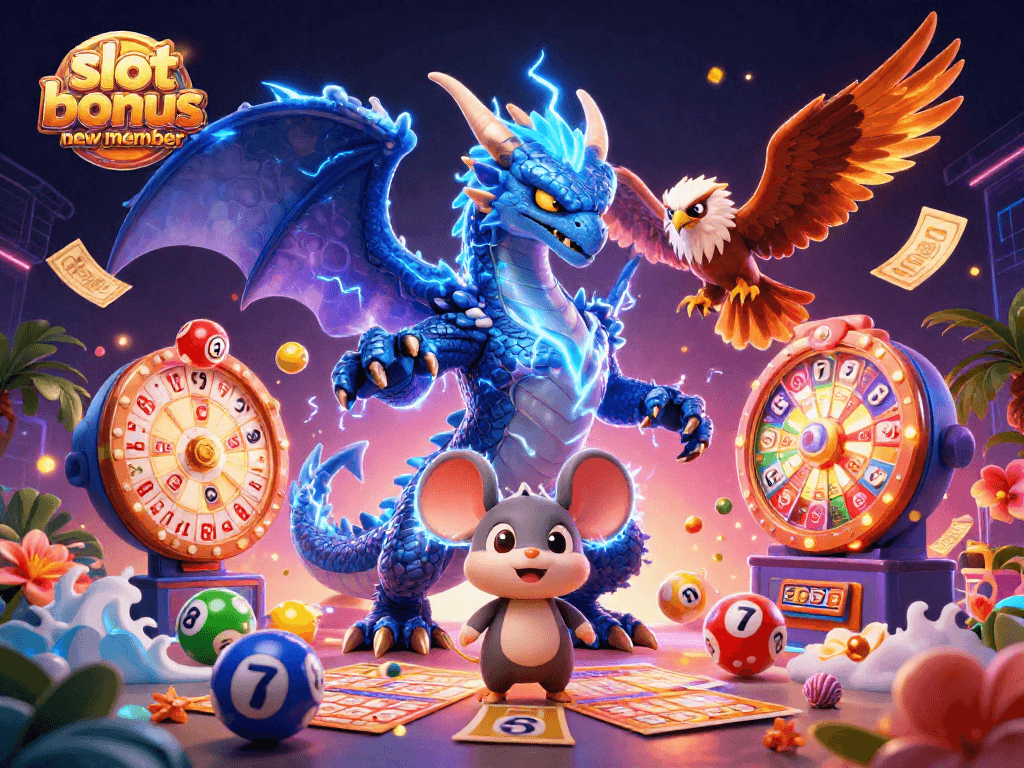 Engage with the slot bonus new member promotion, showcasing thrilling gaming elements and vibrant character action.