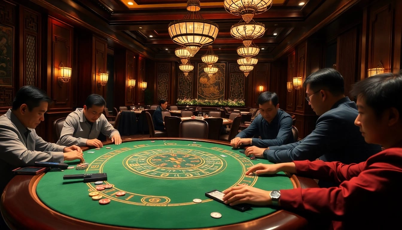 Players engaging in xóc đĩa at an elegant casino table, showcasing the game's excitement.