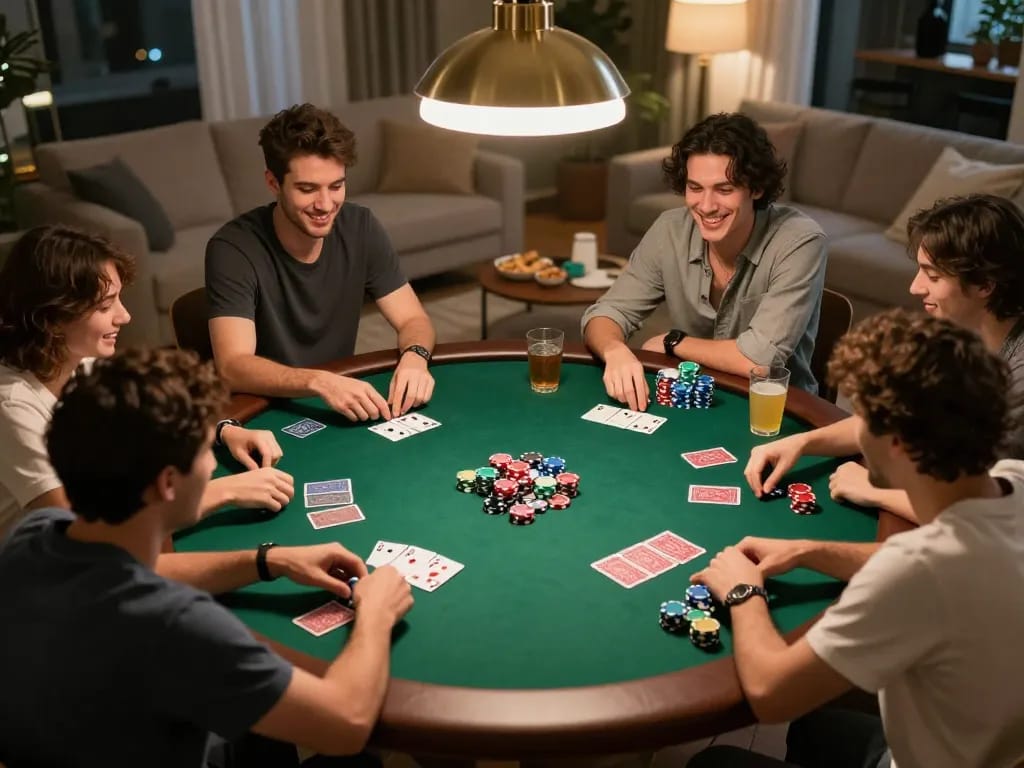 Engaging poker night with friends emphasizing 98win đăng nhập for strategic gameplay.