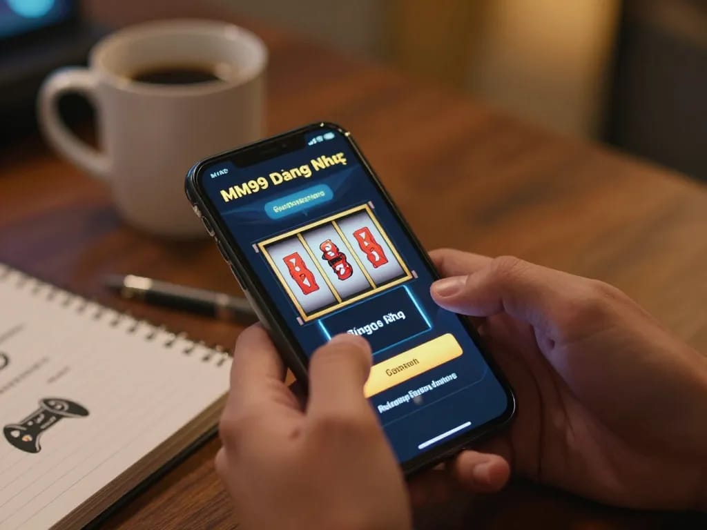 Engaging with MM99 Đăng Nhập on smartphone in a cozy environment, highlighting responsible gaming.