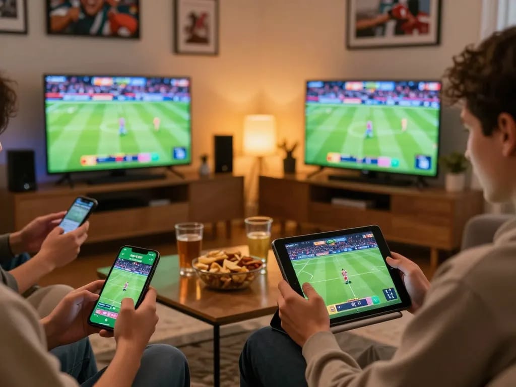 Enjoying sports betting action on vaobet app while relaxing at home with friends.