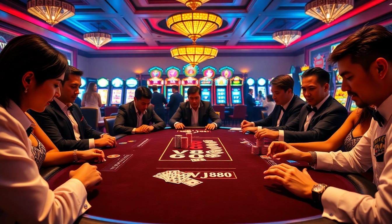 VJ88 poker players engaged in a high-stakes game at a luxury casino table.