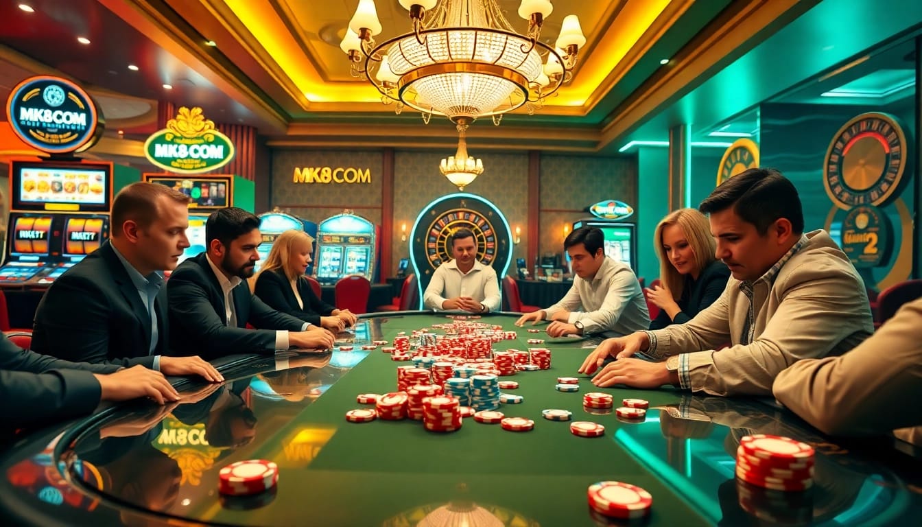 Engaged players at a poker table enjoying their time on MK8.COM with vibrant chips and a roulette wheel.