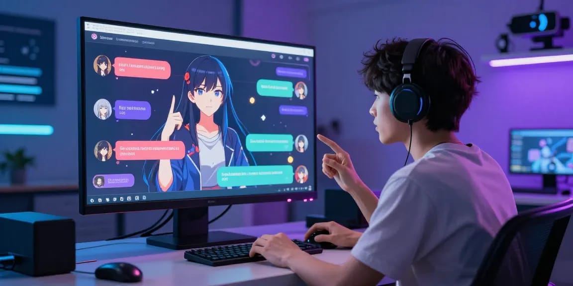 Explore engaging hentai ai interactions with a lively chatbot interface in a vibrant tech room.