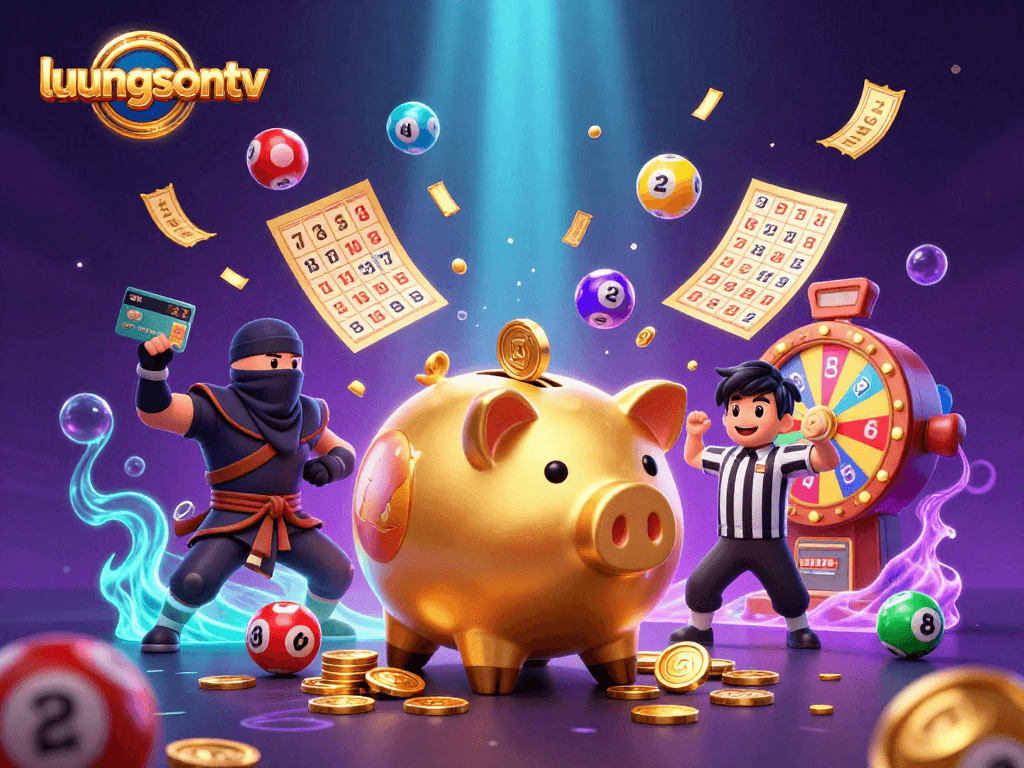 Enhance your gaming experience with luongsontv's vibrant lottery-themed 3D illustration featuring dynamic characters and scenes.