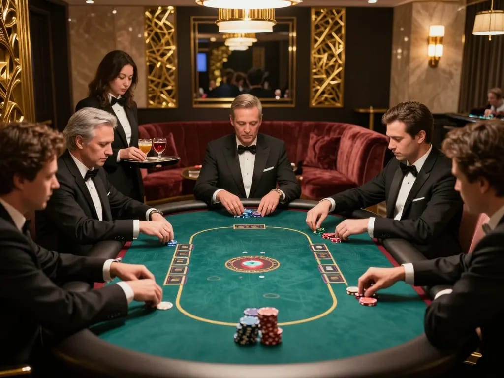 Engaged players strategizing in a luxurious VIP poker room during an intense match, showcasing 88pulsa alternatif.