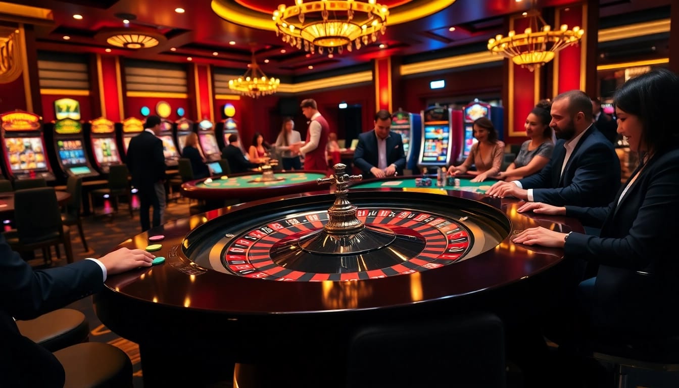Experience the thrill of winning at https://kk55.group with a luxurious casino scene showcasing roulette and joyful players.