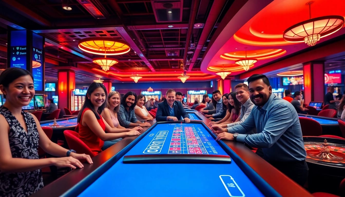 Escena de juego emocionante en el casino 79king con diversos jugadores disfrutando de varios juegos.