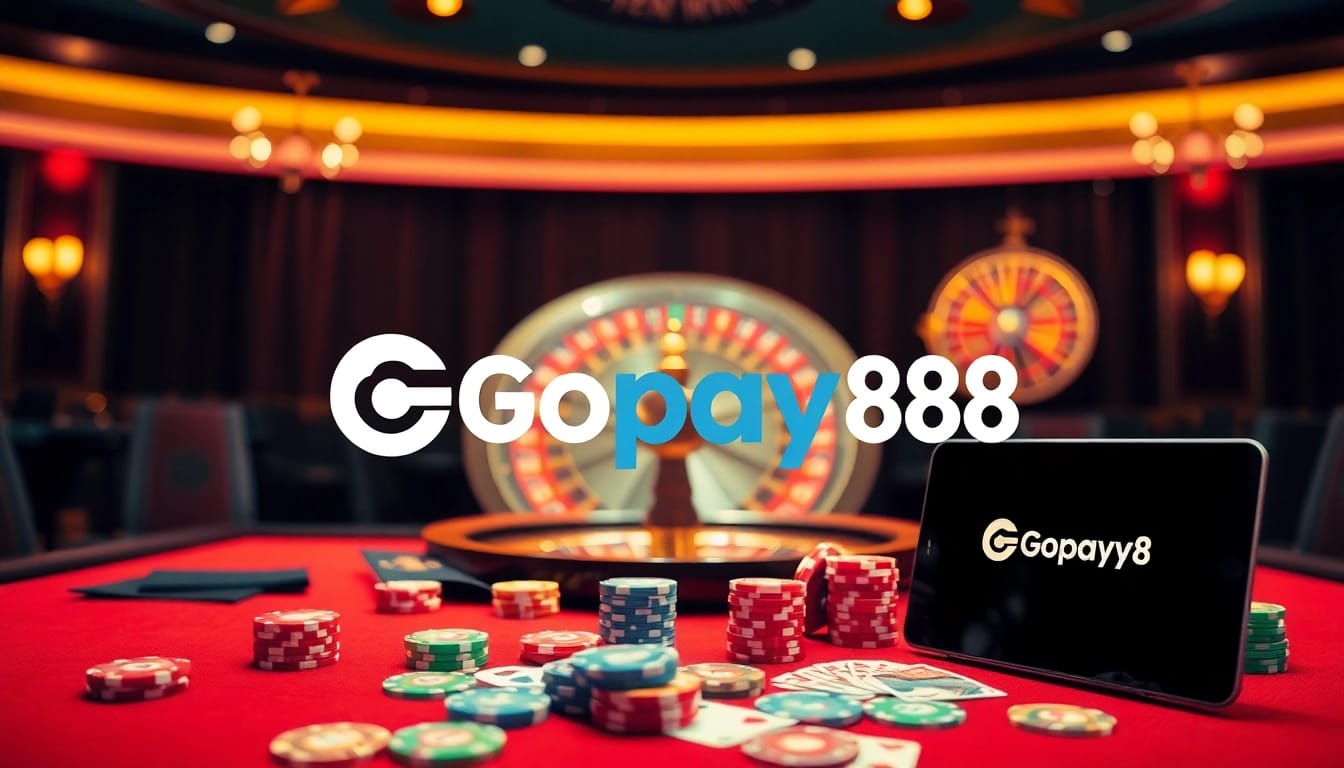 Experience the thrill of Gopay88 with poker chips and a glowing roulette wheel.