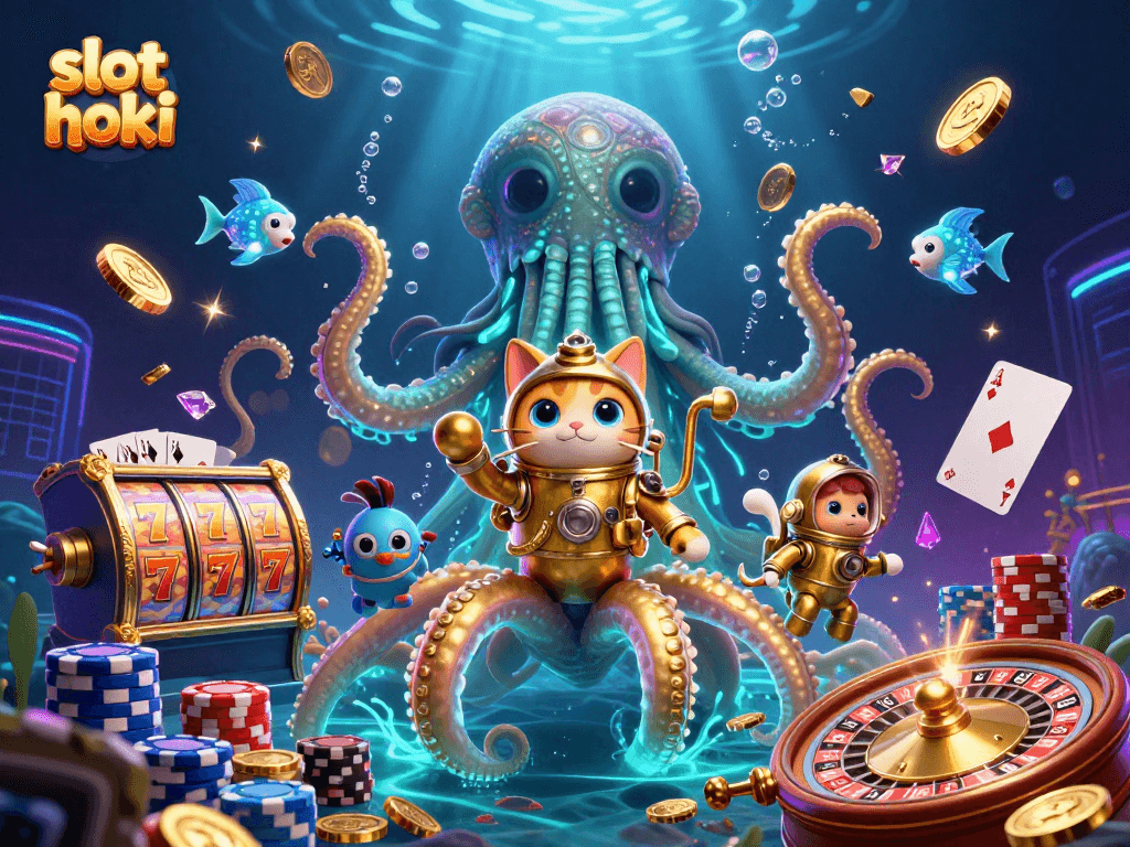 Experience slot hoki with a kraken and a diving cat amidst gold coins and vibrant casino elements.