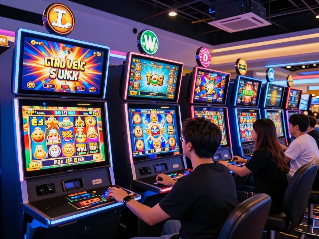 Ilustrasi menarik permainan slot online dengan pemain yang berinteraksi di kasino virtual modern.