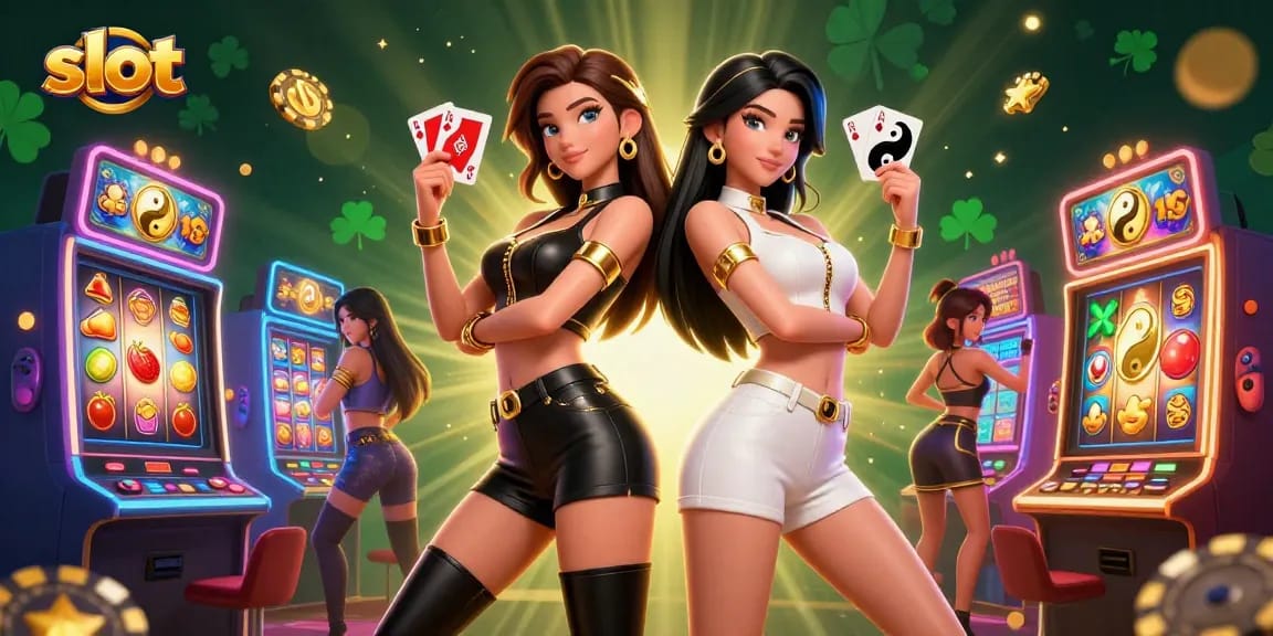 Experience thrilling slot action with beautiful Asian women in a vibrant casino scene.